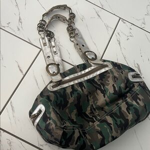 BKE Camouflage Vintage Looking Tote Bag with Silver Accents and brass chain